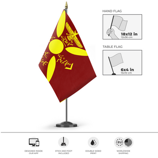 A mockup of the custom flag 'Sasanian Empire flag' as a desk flag and small hand waving flag