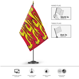 A mockup of the custom flag 'Three Lions Flag' as a desk flag and small hand waving flag