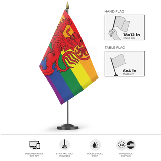 A mockup of the custom flag 'Scottish Pride flag' as a desk flag and small hand waving flag