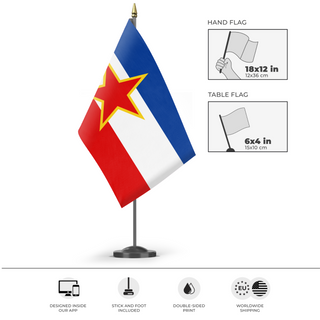 A mockup of the custom flag 'Yugoslavia  flag' as a desk flag and small hand waving flag