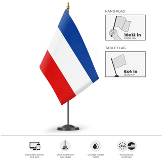 A mockup of the custom flag 'Kingdom Of Yugoslavia flag' as a desk flag and small hand waving flag
