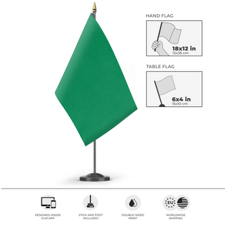 A mockup of the custom flag 'Peoples Republic of Benin flag' as a desk flag and small hand waving flag