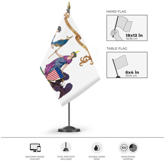 A mockup of the custom flag 'Washington's Life Guards flag' as a desk flag and small hand waving flag