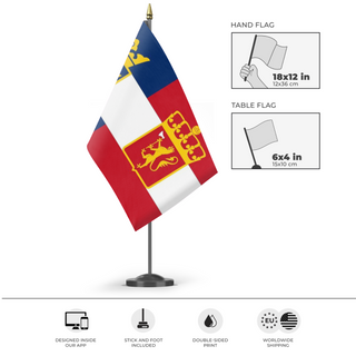 A mockup of the custom flag 'Sweden - Norway Flag in the style of Austria-Hungary' as a desk flag and small hand waving flag
