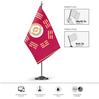 A mockup of the custom flag 'Flag of the Joseon Dynasty' as a desk flag and small hand waving flag