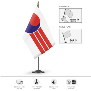 A mockup of the custom flag 'Flag of the People's Republic of Korea' as a desk flag and small hand waving flag