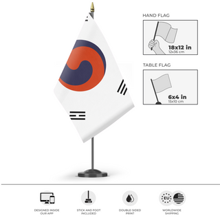 A mockup of the custom flag 'Flag of Great Joseon' as a desk flag and small hand waving flag