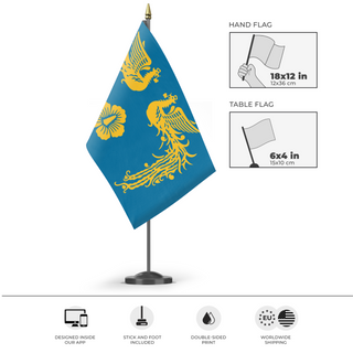 A mockup of the custom flag 'Presidential Standard of South Korea flag' as a desk flag and small hand waving flag