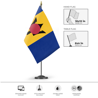 A mockup of the custom flag 'test flag' as a desk flag and small hand waving flag