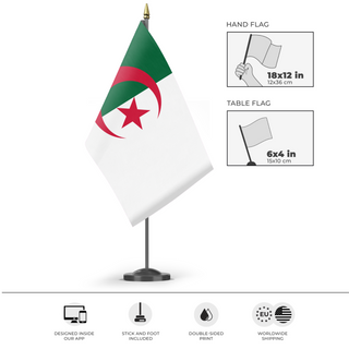 A mockup of the custom flag 'test flag' as a desk flag and small hand waving flag