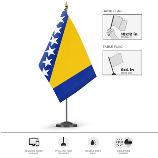 A mockup of the custom flag 'test flag' as a desk flag and small hand waving flag