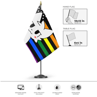 A mockup of the custom flag 'American Boykisser flag' as a desk flag and small hand waving flag