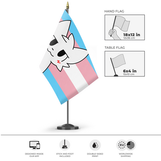 A mockup of the custom flag 'Transgender Boykisser flag' as a desk flag and small hand waving flag