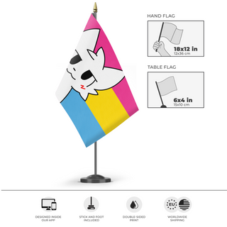 A mockup of the custom flag 'Pansexual Boykisser flag' as a desk flag and small hand waving flag