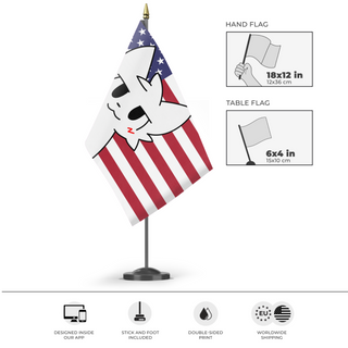 A mockup of the custom flag 'American Boykisser flag' as a desk flag and small hand waving flag
