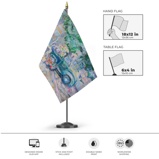 A mockup of the custom flag 'test flag' as a desk flag and small hand waving flag
