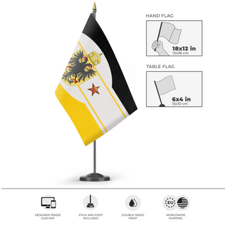 A mockup of the custom flag 'new holy roman republic flag' as a desk flag and small hand waving flag