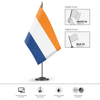 A mockup of the custom flag 'Prinsenvlag  flag' as a desk flag and small hand waving flag