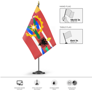 A mockup of the custom flag 'bossfight flag' as a desk flag and small hand waving flag