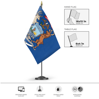 A mockup of the custom flag 'The 7th Michigan Infantry Flag' as a desk flag and small hand waving flag