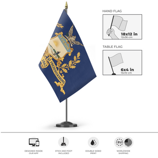 A mockup of the custom flag 'Forlorn Hope at Fredericksburg flag' as a desk flag and small hand waving flag
