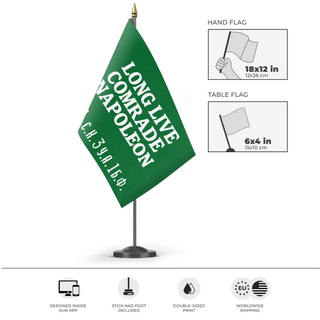 A mockup of the custom flag 'Animal Farm Victory Banner flag' as a desk flag and small hand waving flag