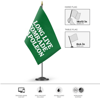 A mockup of the custom flag 'Animal Farm Comrade Napoleon flag' as a desk flag and small hand waving flag
