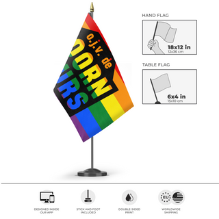 A mockup of the custom flag 'Koornbeurs Pride flag' as a desk flag and small hand waving flag