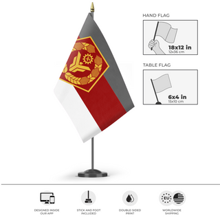 A mockup of the custom flag 'Canton of Laskol flag' as a desk flag and small hand waving flag