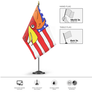A mockup of the custom flag 'Morale flag' as a desk flag and small hand waving flag
