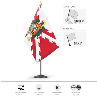 A mockup of the custom flag 'Spanish Great Coat of Arms - Burgundy Cross flag' as a desk flag and small hand waving flag