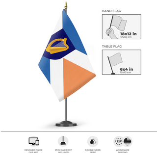 A mockup of the custom flag 'Scottish-Irish Heritage flag' as a desk flag and small hand waving flag