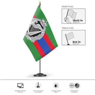 A mockup of the custom flag 'Royal Irish Regiment flag' as a desk flag and small hand waving flag