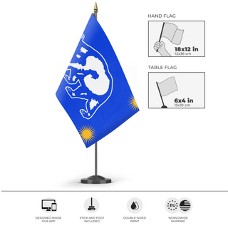 A mockup of the custom flag 'Bear and Sunburst flag' as a desk flag and small hand waving flag