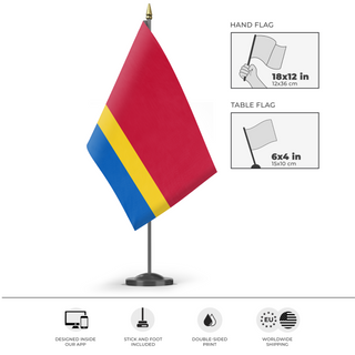 A mockup of the custom flag 'Koslan flag' as a desk flag and small hand waving flag