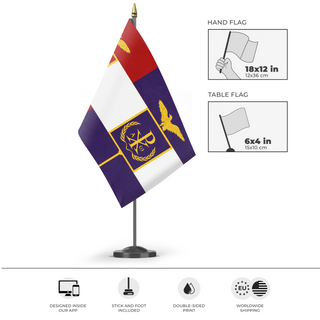 A mockup of the custom flag 'Roman - Byzantine Empire Flag in the Style of Austria-Hungary' as a desk flag and small hand waving flag