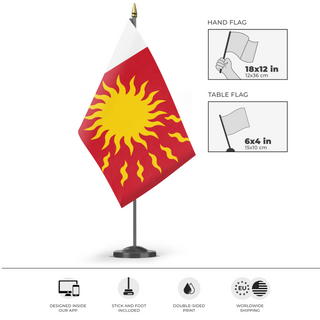 A mockup of the custom flag 'Frankish National State flag' as a desk flag and small hand waving flag