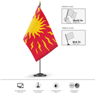 A mockup of the custom flag 'Oriflamme flag' as a desk flag and small hand waving flag