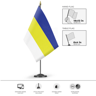 A mockup of the custom flag 'Balkanland flag' as a desk flag and small hand waving flag