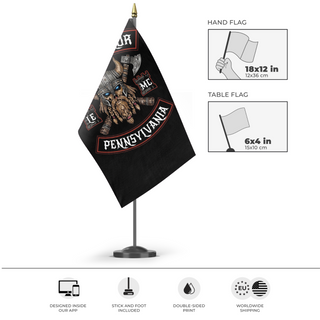 A mockup of the custom flag 'Men of Honor Vertical flag' as a desk flag and small hand waving flag