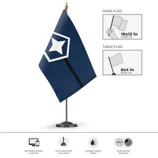 A mockup of the custom flag 'Astrion Federation flag' as a desk flag and small hand waving flag