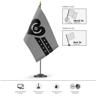 A mockup of the custom flag 'Ashen Flag of New Pangea' as a desk flag and small hand waving flag