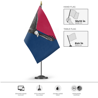 A mockup of the custom flag 'United States in the style of Bhutan flag' as a desk flag and small hand waving flag