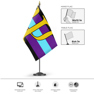 A mockup of the custom flag 'QuantumGender flag' as a desk flag and small hand waving flag
