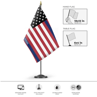 A mockup of the custom flag 'American flag' as a desk flag and small hand waving flag
