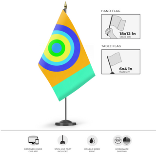 A mockup of the custom flag 'Milo's Flag' as a desk flag and small hand waving flag