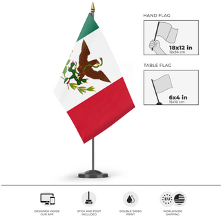 A mockup of the custom flag 'Second Federal Republic of Mexico flag' as a desk flag and small hand waving flag