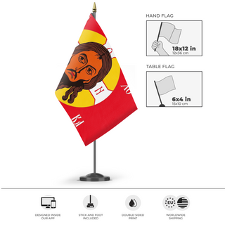 A mockup of the custom flag 'Holy face of Christ flag' as a desk flag and small hand waving flag