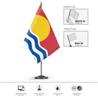 A mockup of the custom flag 'Pacific Ocean Organization flag' as a desk flag and small hand waving flag