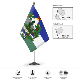 A mockup of the custom flag 'Socialist Cascadia flag' as a desk flag and small hand waving flag